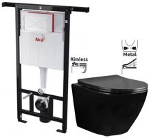 ALCADRAIN Jádromodul předstěnový instalační systém bez tlačítka + WC REA CARLO MINI RIMFLESS ČERNÁ  + SEDÁTKO AM102/1120 X CL1