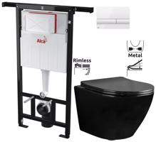 ALCADRAIN Jádromodul předstěnový instalační systém s bílým tlačítkem M1710 + WC REA CARLO MINI RIMFLESS ČERNÁ  + SEDÁTKO AM102/1120 M1710 CL1