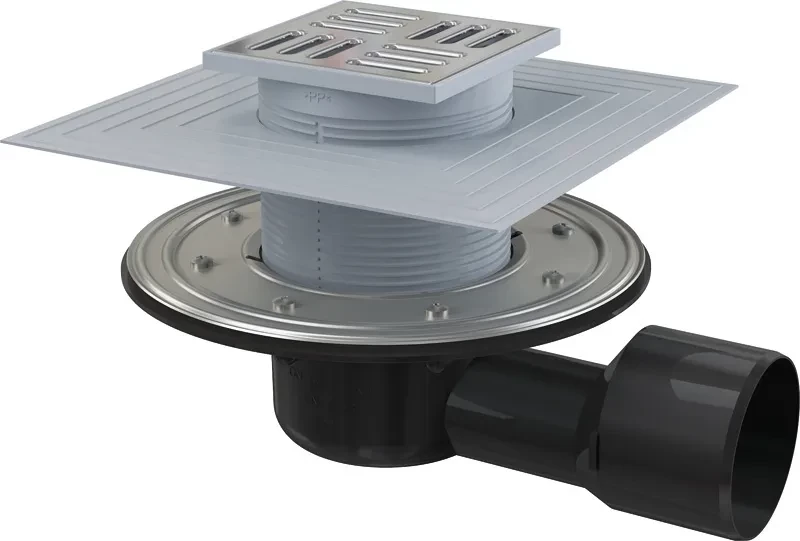 Alcadrain Podlahová vpust 105×105/50/75 mm boční, mřížka nerez, nerezová příruba a límec 2. úrovně izolace, vodní a suchá zápachová uzávěra APV3344 APV3344