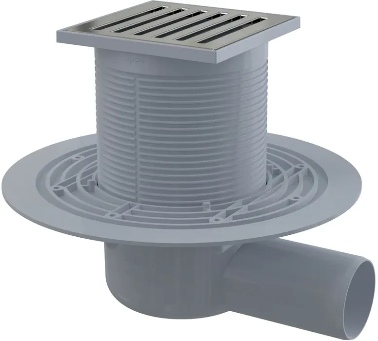 Alcadrain Podlahová vpust 105×105/50 mm boční, mřížka nerez, vodní zápachová uzávěra APV103 APV103
