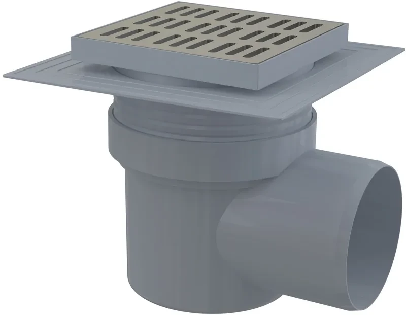 Alcadrain Podlahová vpust 150×150/110 mm boční, mřížka nerez, límec 2. úrovně izolace, vodní zápachová uzávěra APV12 APV12