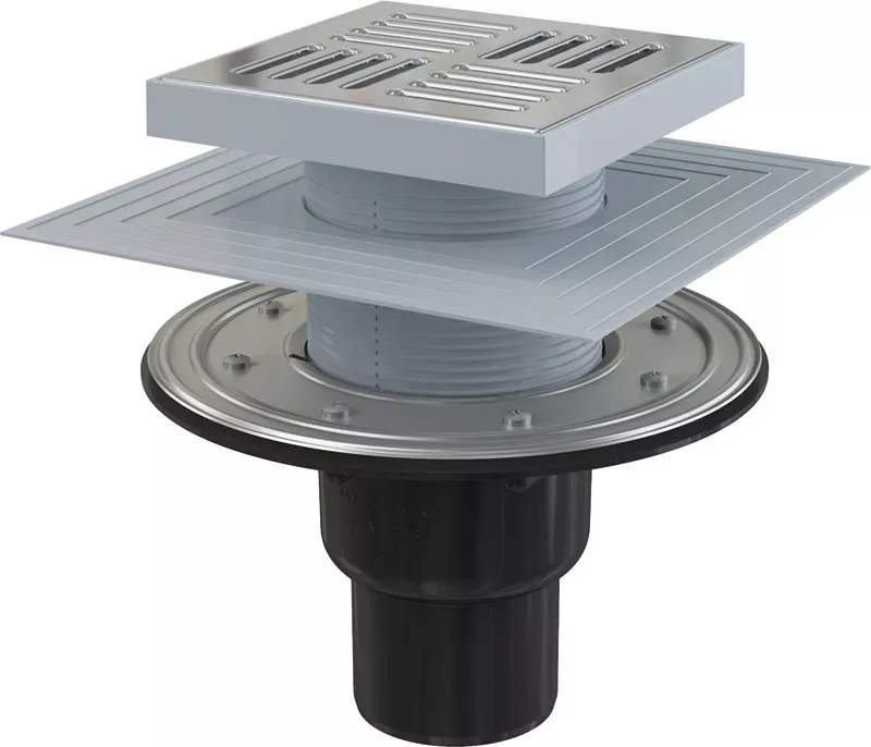 Alcadrain Podlahová vpust 150×150/50/75 mm přímá, mřížka nerez, nerezová příruba a límec 2. úrovně izolace, vodní a suchá zápachová uzávěra APV4444 APV4444