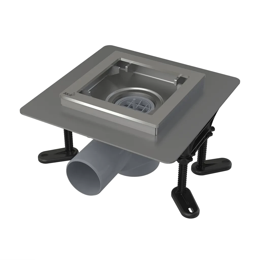 Alcadrain Podlahová vpust nerezová 130×130 mm boční, bez mřížky, Kombinovaná zápachová uzávěra SMART APV130 APV130