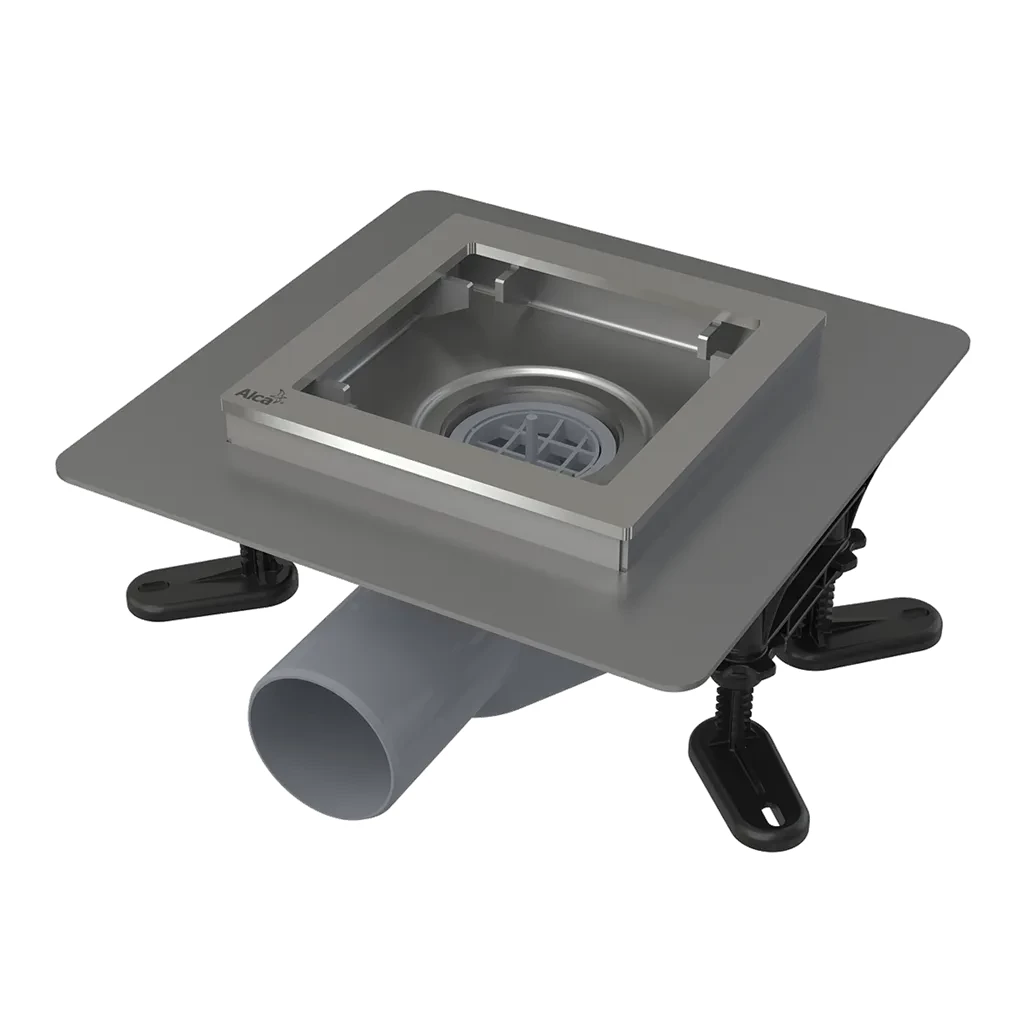 Alcadrain Podlahová vpust nerezová nízká 130×130 mm boční, bez mřížky, Kombinovaná zápachová uzávěra SMART APV120 APV120