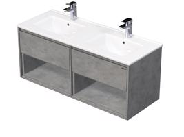 Emmy Design EMMY 120 cm beton/beton s dvěma zásuvkami a 2x otevřenou nikou, s dvojumyvadlem DENIA (F186/F186)