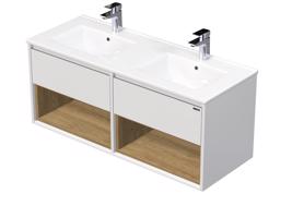 Emmy Design EMMY 120 cm bílá/dub s dvěma zásuvkami a 2x otevřenou nikou, s dvojumyvadlem DENIA (A0536/H3730)