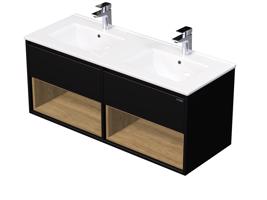 Emmy Design EMMY 120 cm černá/dub s dvěma zásuvkami a 2x otevřenou nikou, s dvojumyvadlem DENIA (A3686/H3730)