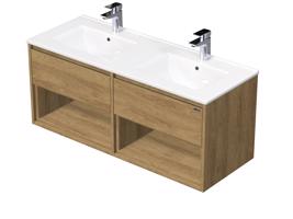 Emmy Design EMMY 120 cm dub/dub s dvěma zásuvkami a 2x otevřenou nikou, s dvojumyvadlem DENIA (H3730/H3730)