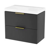 Excellent Koupelnová skříňka Blanko 65 cm černá se dvěma zásuvkami a zlatými úchyty, včetně umyvadla