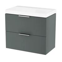 Excellent Koupelnová skříňka Blanko 65 cm zelená matná se dvěma zásuvkami a šedými úchyty, včetně umyvadla