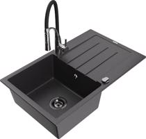 MEXEN/S Bruno granitový dřez s odkapávačem včetně baterie Aster, černá kropenatá 6513-76-73450-07-B