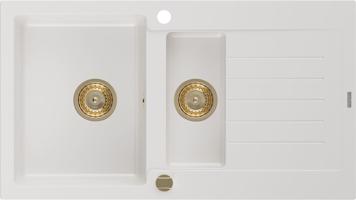 MEXEN/S Matias granitový dřez 1.5 s odkapávačem 900x505 mm,bílá,+ zlatý sifon 6502901505-20-G