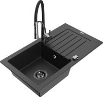 MEXEN/S Pablo granitový dřez 1 s odkapávačem včetně baterie Aster, černá/stříbrná metalik 6510-73-73450-07-B